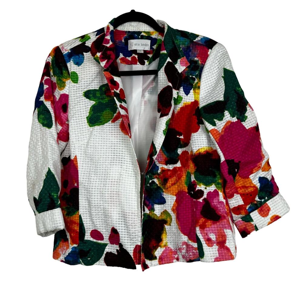 Erin London Watercolor Floral Print Textured Blazer Vibrant Multicolor Sz Small
